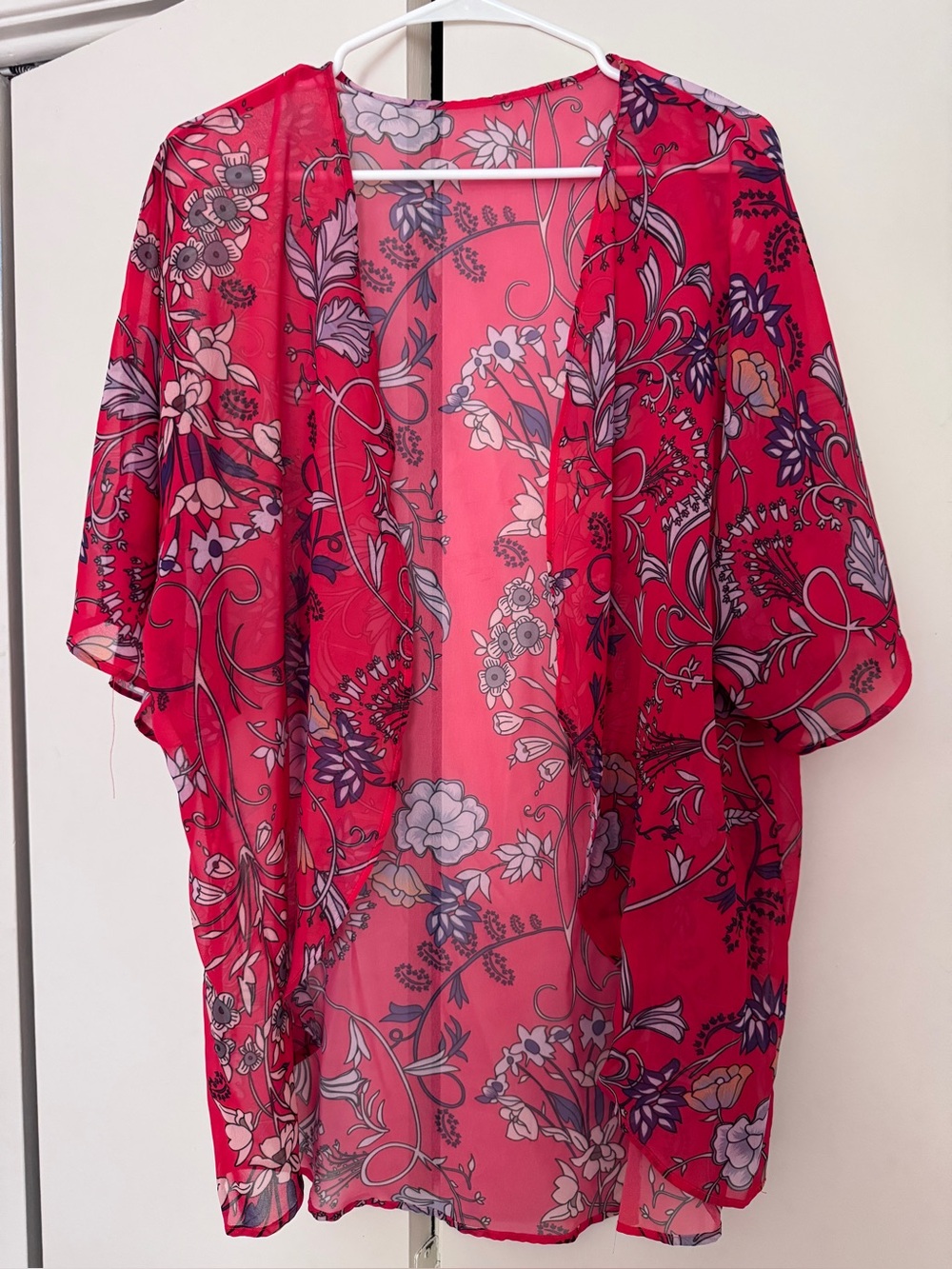 Sheer Floral Kimono Cover-Up in Bright Pink